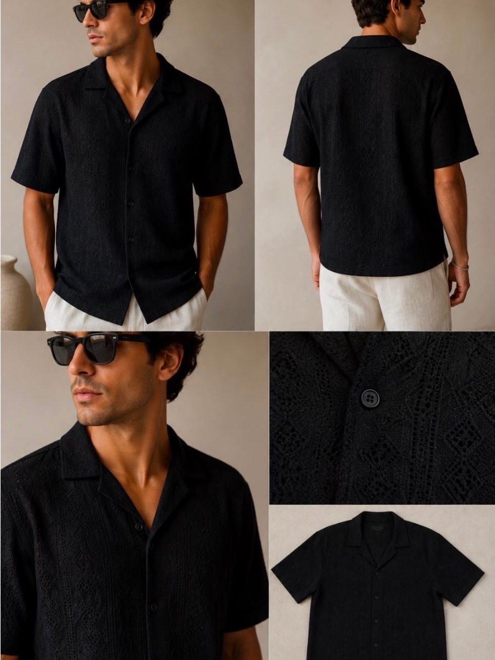 Men's Black Short-Sleeve Casual Button-Down Shirt — Textured Camp Collar